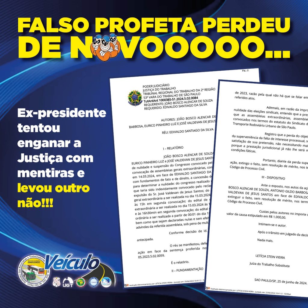 Falso profeta perdeu de NOVOOOOO… Ex-presidente tentou enganar a Justiça com mentiras e levou outro não!!!